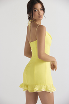 Women's Cocktail Dress - Cowl Neck - Sleeveless Spaghetti Straps - Fitted Silhouette - Ruffle Hem by Lumina Vancouver