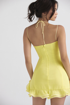 Women's Cocktail Dress - Cowl Neck - Sleeveless Spaghetti Straps - Fitted Silhouette - Ruffle Hem by Lumina Vancouver