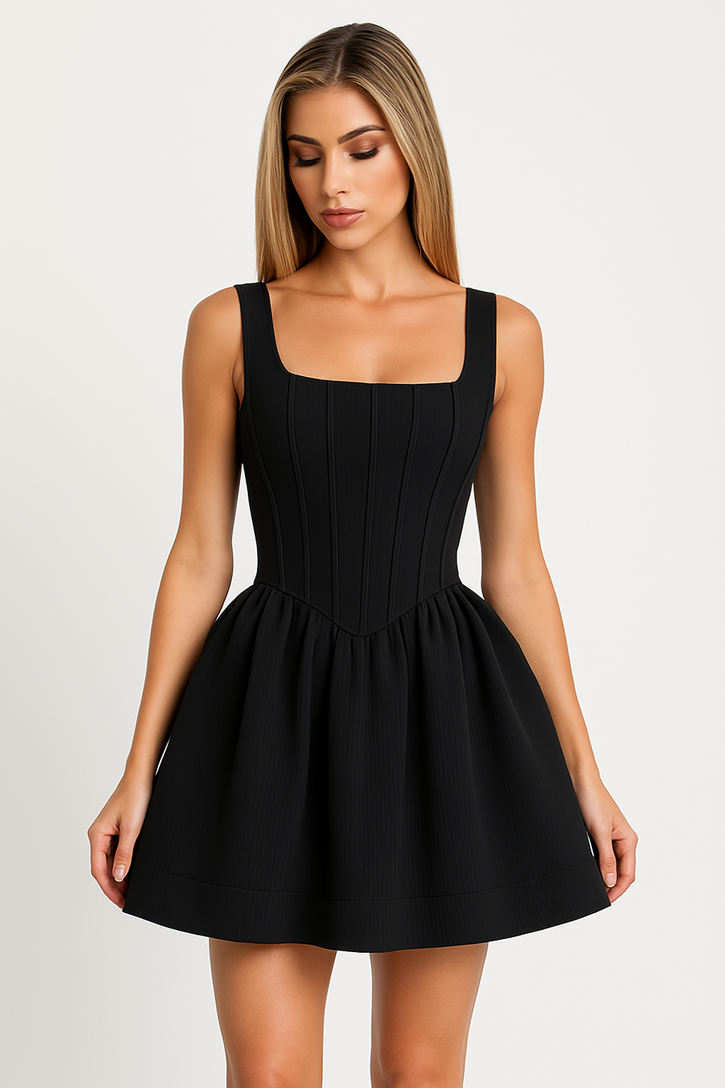 Women’s Mini Dress – Satin – Slim Fit – Sleeveless – Square Neck – Flared Skirt by Lumina Vancouver