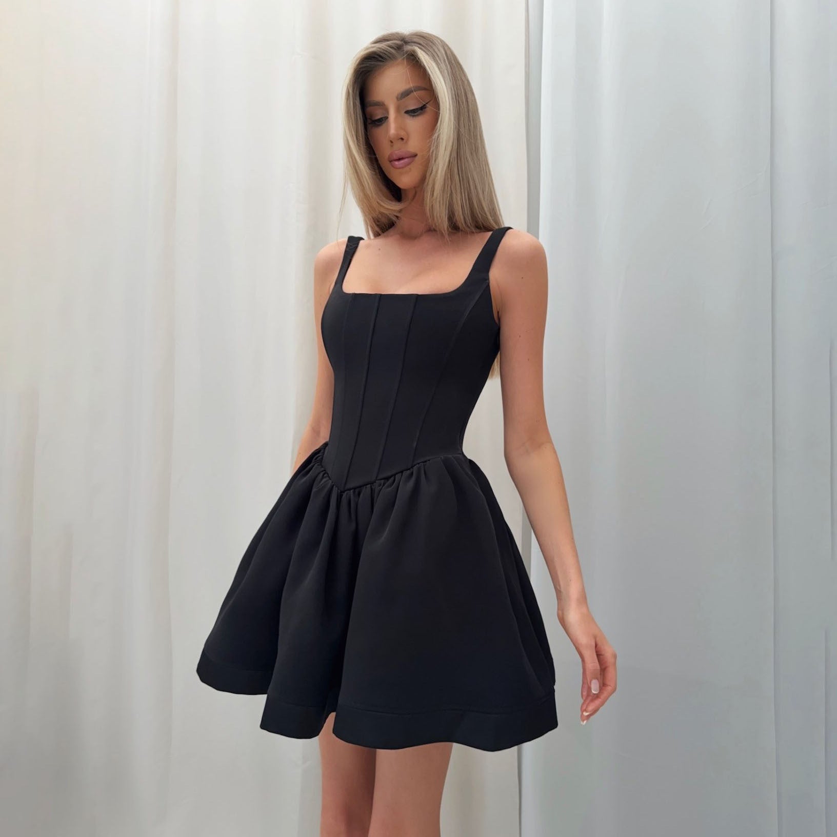 Women’s Mini Dress – Satin – Slim Fit – Sleeveless – Square Neck – Flared Skirt by Lumina Vancouver