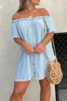 Women's Off-Shoulder Denim Dress - Short Sleeve - Button Front - Frayed Hem by Lumina Vancouver