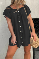 Women's Off-Shoulder Denim Dress - Short Sleeve - Button Front - Frayed Hem by Lumina Vancouver