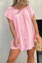 Women's Off-Shoulder Denim Dress - Short Sleeve - Button Front - Frayed Hem by Lumina Vancouver