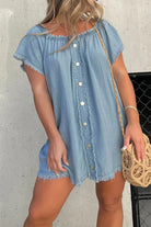 Women's Off-Shoulder Denim Dress - Short Sleeve - Button Front - Frayed Hem by Lumina Vancouver