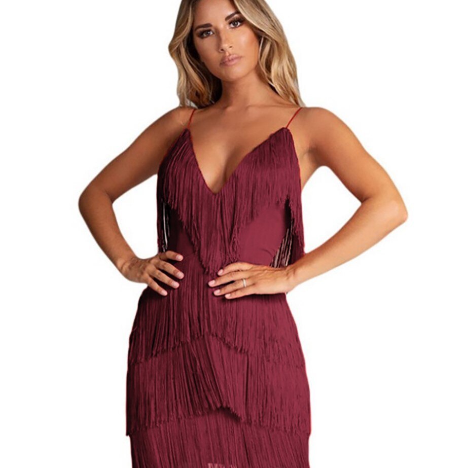 Women's Mini Dress - Fringed Detailing - V-Neck - Spaghetti Straps - Party Wear by Lumina Vancouver