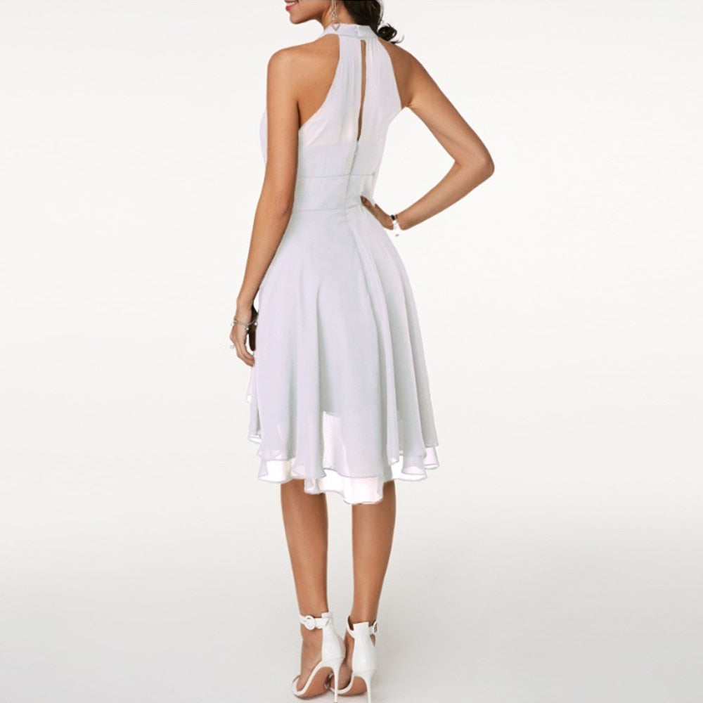 Women's Halter Neck Dress - Sleeveless - Fitted Waist - Layered Asymmetrical Skirt by Lumina Vancouver
