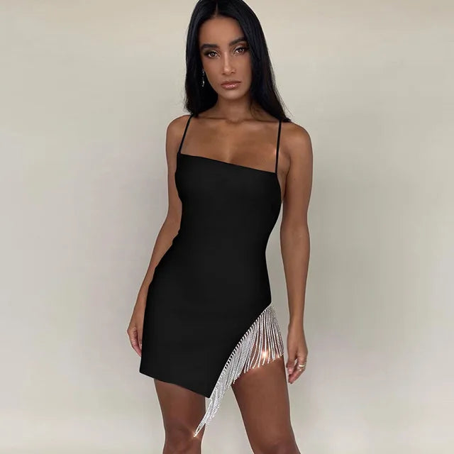 Women's Mini Dress - Bodycon Fit - Square Neck - Spaghetti Straps - Beaded Fringe by Lumina Vancouver