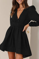 Women's Mini Dress - V-Neck - Long Puff Sleeves - Flared Skirt - Fitted Waist by Lumina Vancouver