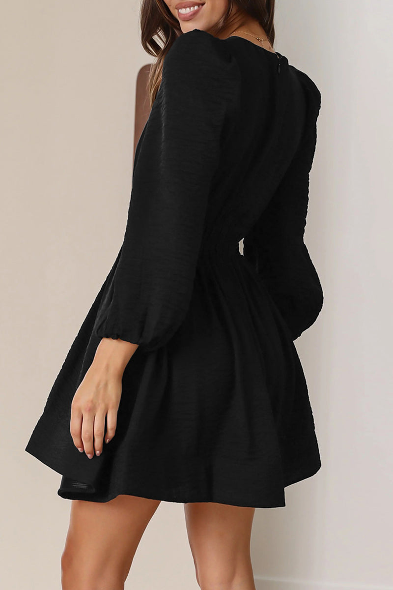 Women's Mini Dress - V-Neck - Long Puff Sleeves - Flared Skirt - Fitted Waist by Lumina Vancouver