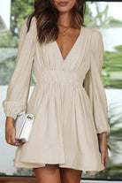 Women's Mini Dress - V-Neck - Long Puff Sleeves - Flared Skirt - Fitted Waist by Lumina Vancouver