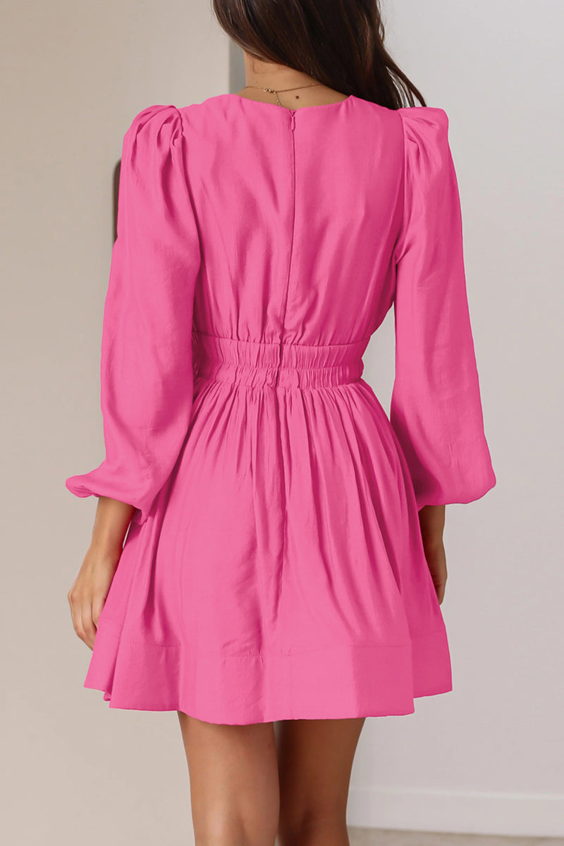 Women's Mini Dress - V-Neck - Long Puff Sleeves - Flared Skirt - Fitted Waist by Lumina Vancouver