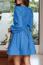 Women's Mini Dress - V-Neck - Long Puff Sleeves - Flared Skirt - Fitted Waist by Lumina Vancouver