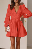 Women's Mini Dress - V-Neck - Long Puff Sleeves - Flared Skirt - Fitted Waist by Lumina Vancouver