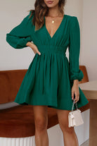 Women's Mini Dress - V-Neck - Long Puff Sleeves - Flared Skirt - Fitted Waist by Lumina Vancouver
