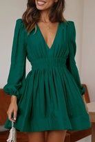Women's Mini Dress - V-Neck - Long Puff Sleeves - Flared Skirt - Fitted Waist by Lumina Vancouver