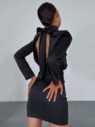 Women's Mini Dress - Fitted Silhouette - Long Sleeve Open Back Tie Detail - Elegant Satin by Lumina Vancouver