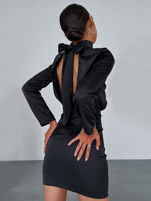 Women's Mini Dress - Fitted Silhouette - Long Sleeve Open Back Tie Detail - Elegant Satin by Lumina Vancouver