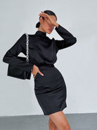 Women's Mini Dress - Fitted Silhouette - Long Sleeve Open Back Tie Detail - Elegant Satin by Lumina Vancouver