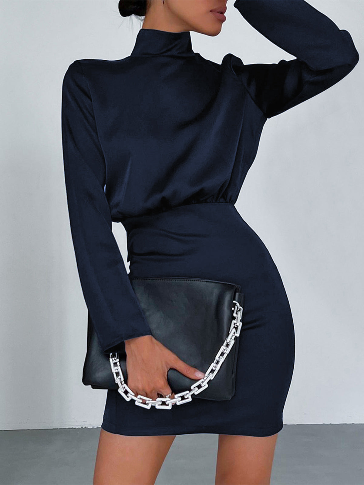 Women's Mini Dress - Fitted Silhouette - Long Sleeve Open Back Tie Detail - Elegant Satin by Lumina Vancouver