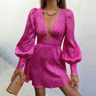Women's Mini Dress - Satin Blend - Puff Sleeve - Plunge Neck - Cut-Out Waist by Lumina Vancouver