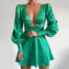 Women's Mini Dress - Satin Blend - Puff Sleeve - Plunge Neck - Cut-Out Waist by Lumina Vancouver