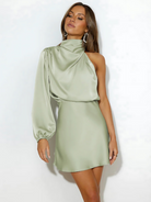 Women's One-Shoulder Dress - Satin Finish - Long Sleeve - Fitted Waist - Elegant Evening Wear by Lumina Vancouver