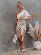 Women's One-Shoulder Satin Dress - Asymmetrical Fit - Short Sleeve - Wrap-Style Skirt by Lumina Vancouver