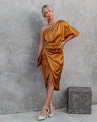 Women's One-Shoulder Satin Dress - Asymmetrical Fit - Short Sleeve - Wrap-Style Skirt by Lumina Vancouver
