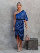 Women's One-Shoulder Satin Dress - Asymmetrical Fit - Short Sleeve - Wrap-Style Skirt by Lumina Vancouver