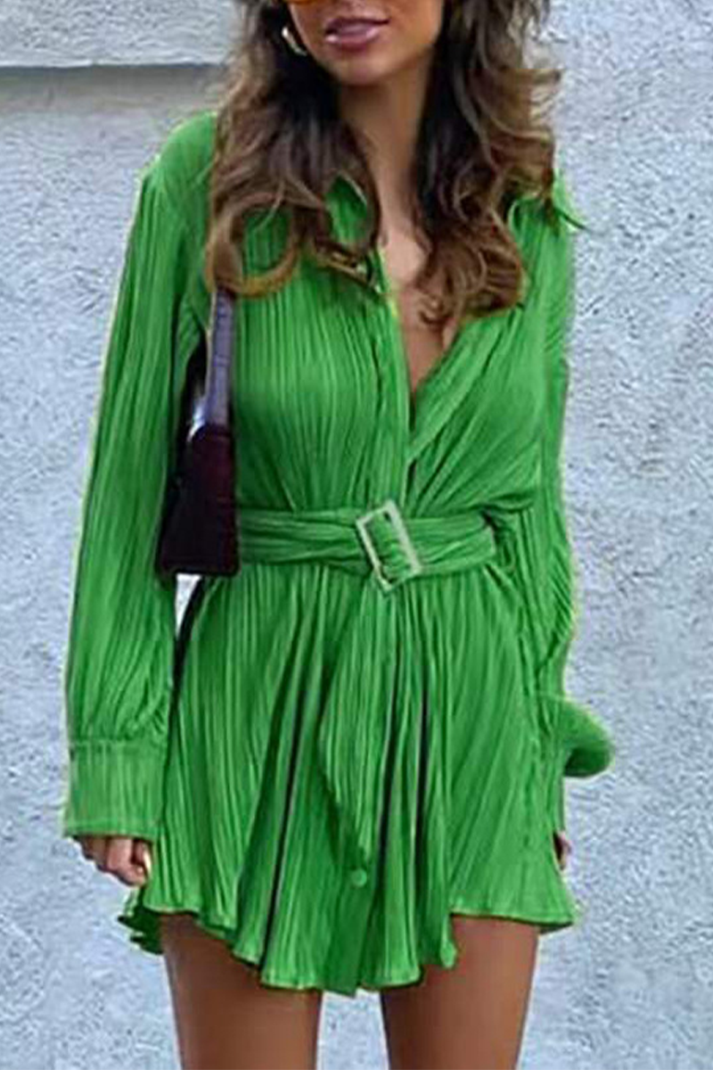 Women's Pleated Mini Shirt Dress - Button Down - Long Sleeve - Belted Waist by Lumina Vancouver