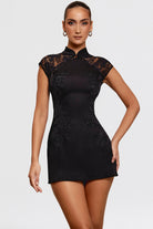 Women’s Mini Dress – Slim Fit Satin – High Neck – Lace Embroidery – Cap Sleeve by Lumina Vancouver