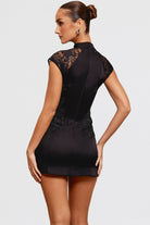 Women’s Mini Dress – Slim Fit Satin – High Neck – Lace Embroidery – Cap Sleeve by Lumina Vancouver