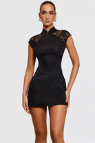 Women’s Mini Dress – Slim Fit Satin – High Neck – Lace Embroidery – Cap Sleeve by Lumina Vancouver