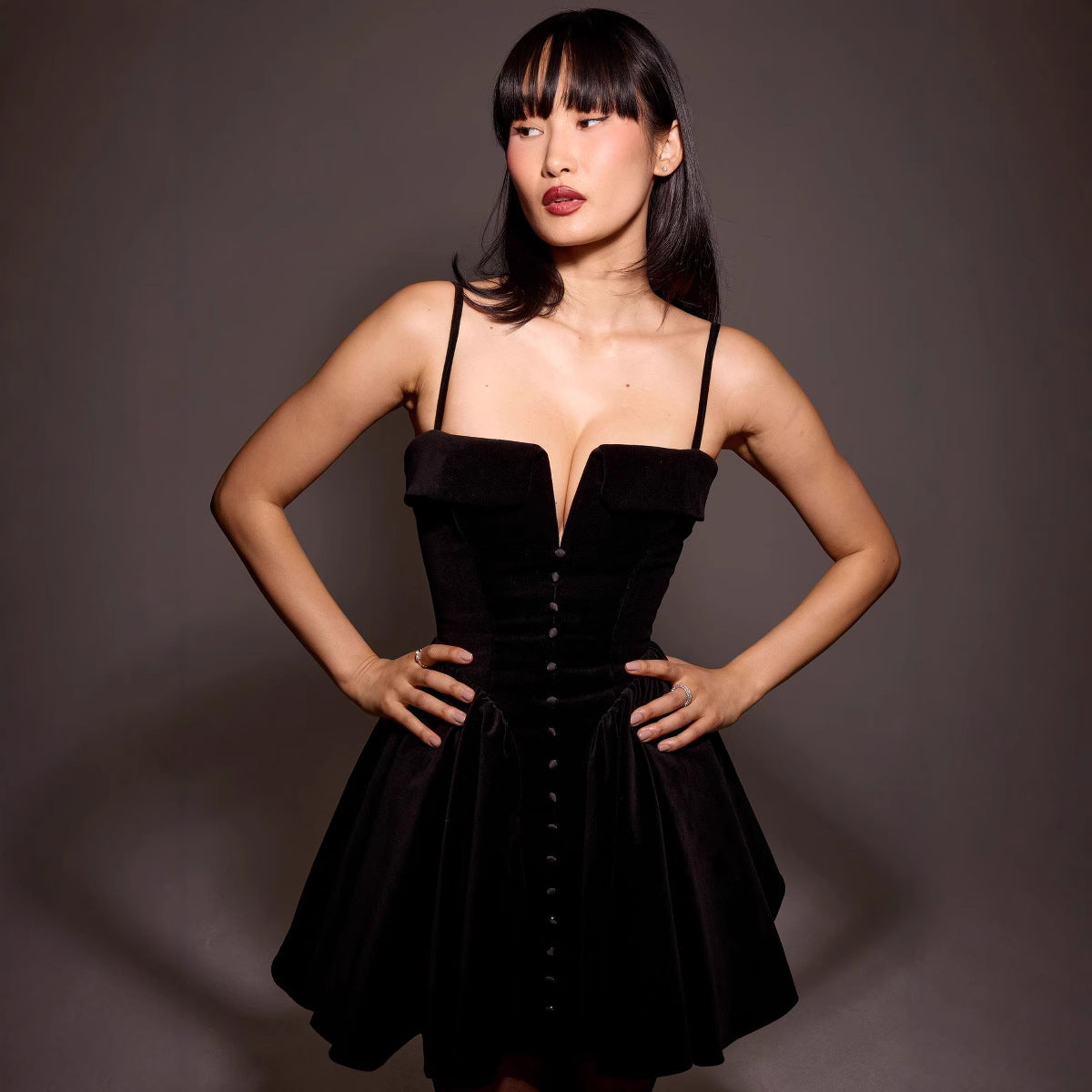 Women’s Mini Dress – Velvet A-Line – V-Neck – Thin Straps – Decorative Buttons by Lumina Vancouver