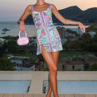 Women’s Mini Dress – Slim Fit – Square Neckline – Graphic Print – Front Slit Hem by Lumina Vancouver