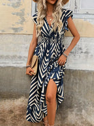 Women's Dress - Sleeveless V-Neck - Cinched Waist - Ruffled Hem - Geometric Pattern by Lumina Vancouver