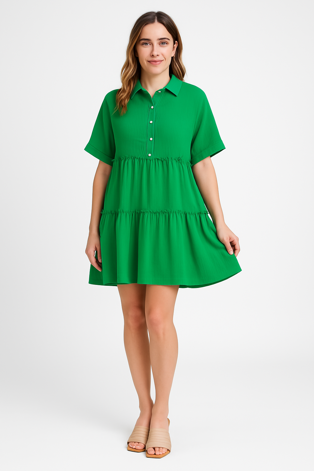 Women’s Mini Dress – Cotton Linen Blend – Loose Fit – Tiered – Collared Short Sleeve by Lumina Vancouver