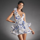 Women’s Mini Dress – Satin Finish – Fitted Bodice – V-Neck – 3D Floral Appliqué – Asymmetrical Skirt by Lumina Vancouver