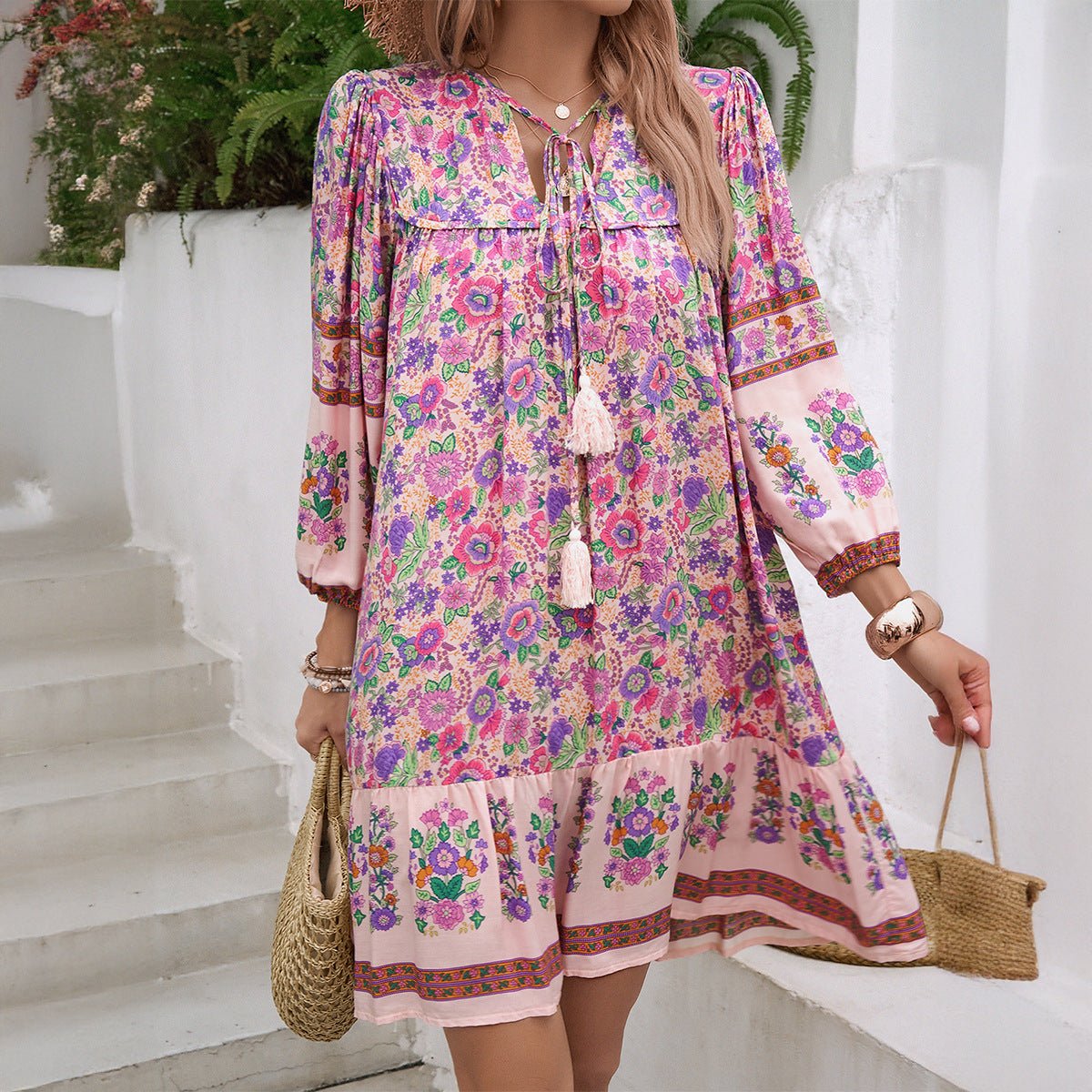 Women’s Boho Dress – V-Neck – Floral Print – Tiered Hem – Cotton Blend – 3/4 Sleeve by Lumina Vancouver