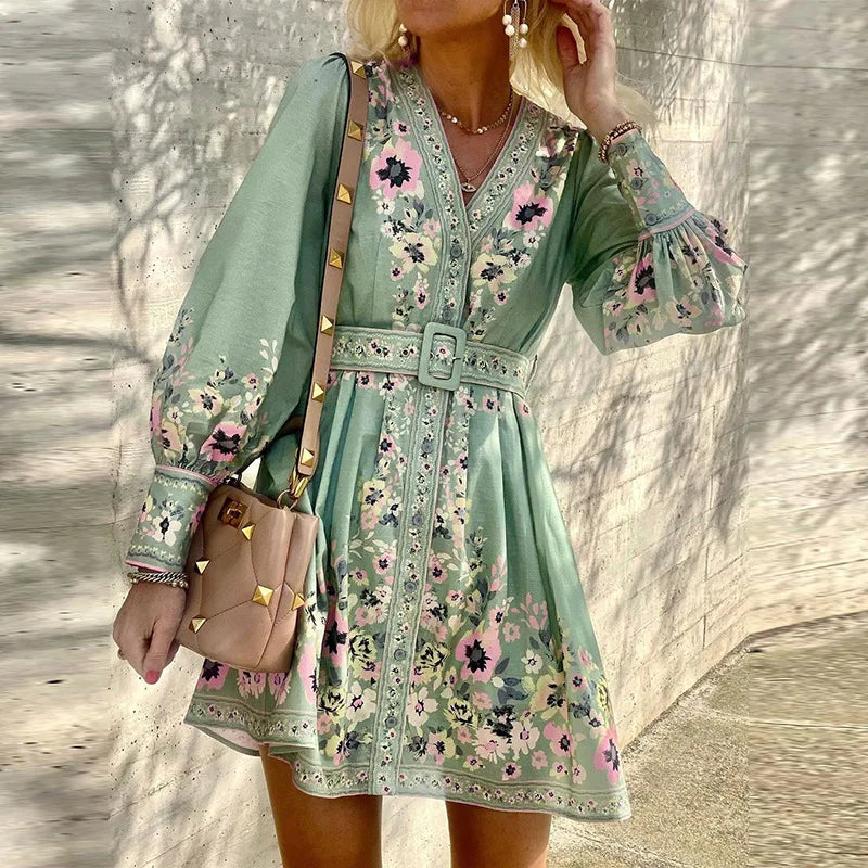 Women's Mini Dress - A-Line Fit - V-Neck - Long Puff Sleeves - Floral Belted Waist by Lumina Vancouver
