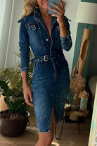 Women's Denim Dress - Tailored Fit - Long Sleeve Button Front with Waist Belt by Lumina Vancouver