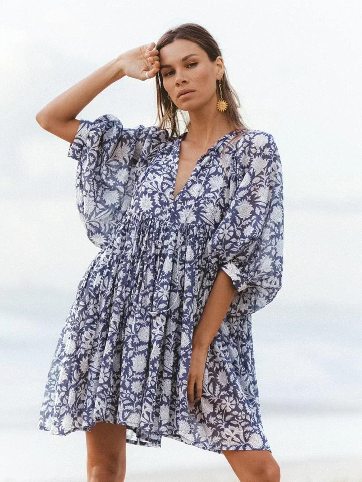 Women's Dress - Flowy Bohemian Style - Three-Quarter Sleeve - Floral Print Casual Wear by Lumina Vancouver
