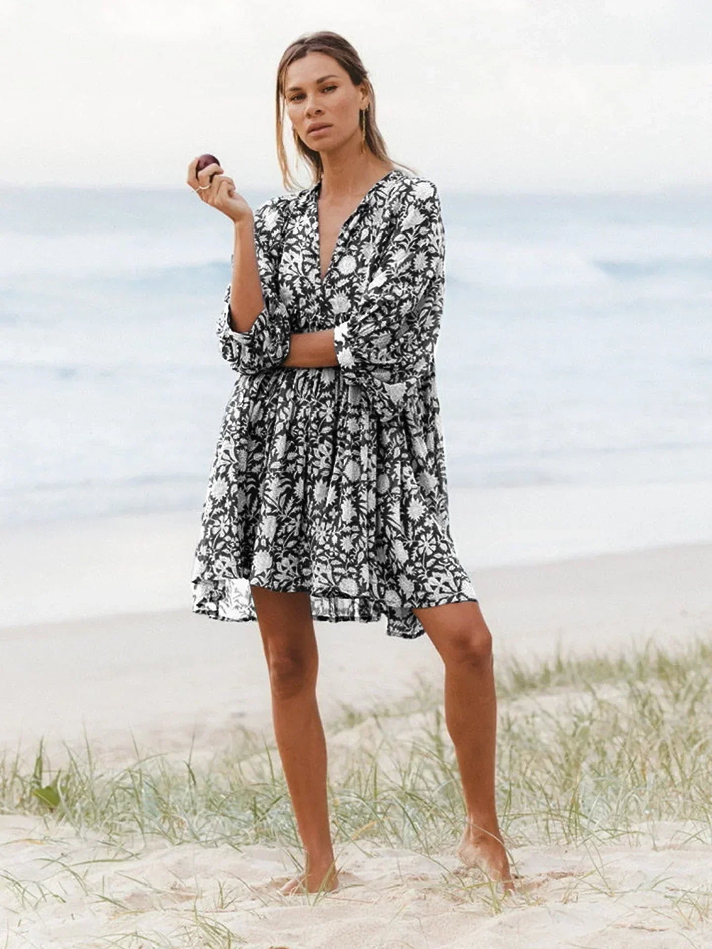Women's Dress - Flowy Bohemian Style - Three-Quarter Sleeve - Floral Print Casual Wear by Lumina Vancouver