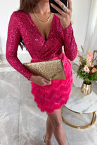 Women's Sequin Wrap Dress - V-Neck Long Sleeve - Feather Textured Skirt - Elegant Fit by Lumina Vancouver