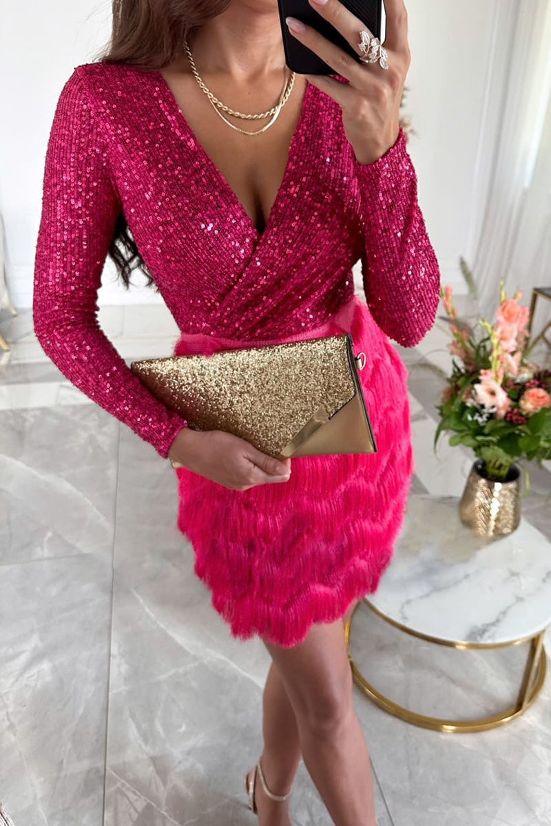 Women's Sequin Wrap Dress - V-Neck Long Sleeve - Feather Textured Skirt - Elegant Fit by Lumina Vancouver