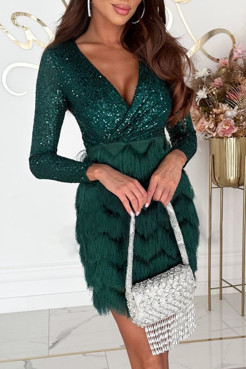 Women's Sequin Wrap Dress - V-Neck Long Sleeve - Feather Textured Skirt - Elegant Fit by Lumina Vancouver