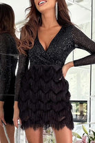 Women's Sequin Wrap Dress - V-Neck Long Sleeve - Feather Textured Skirt - Elegant Fit by Lumina Vancouver