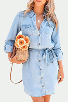 Women's Denim Shirt Dress - Button Down - Long Sleeve - Belted Waist - Casual Chic by Lumina Vancouver
