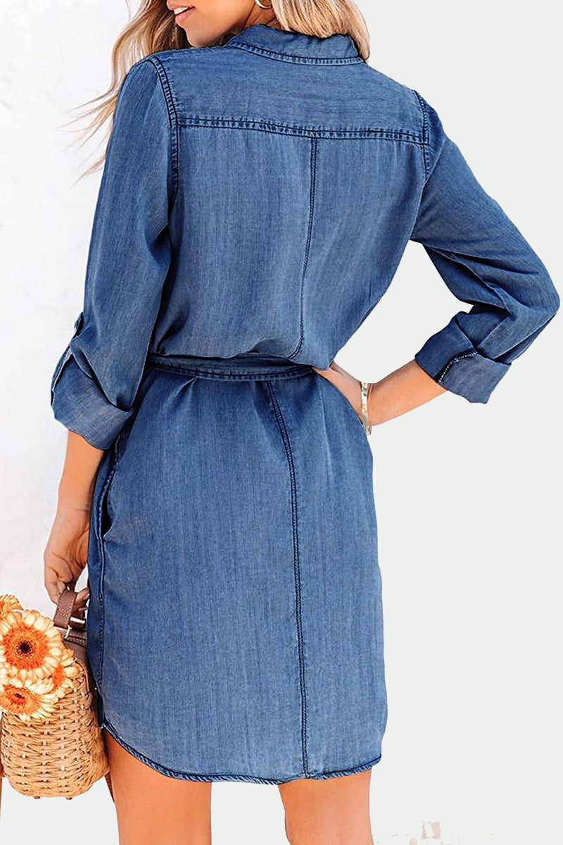 Women's Denim Shirt Dress - Button Down - Long Sleeve - Belted Waist - Casual Chic by Lumina Vancouver