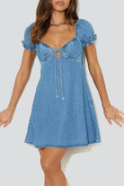 Women's Denim Dress - Sweetheart Neckline - Puff Short Sleeves - Flare Fit by Lumina Vancouver